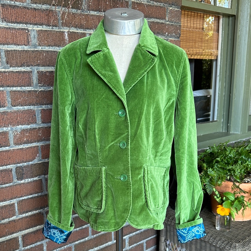 Sundance vintage Y2K leaf green velvet blazer w/contrast cuff/pockets. Size 6